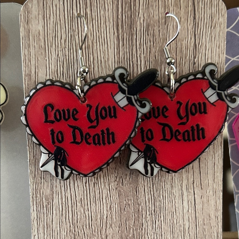 “Love You to Death” acrylic Red Heart Earrings